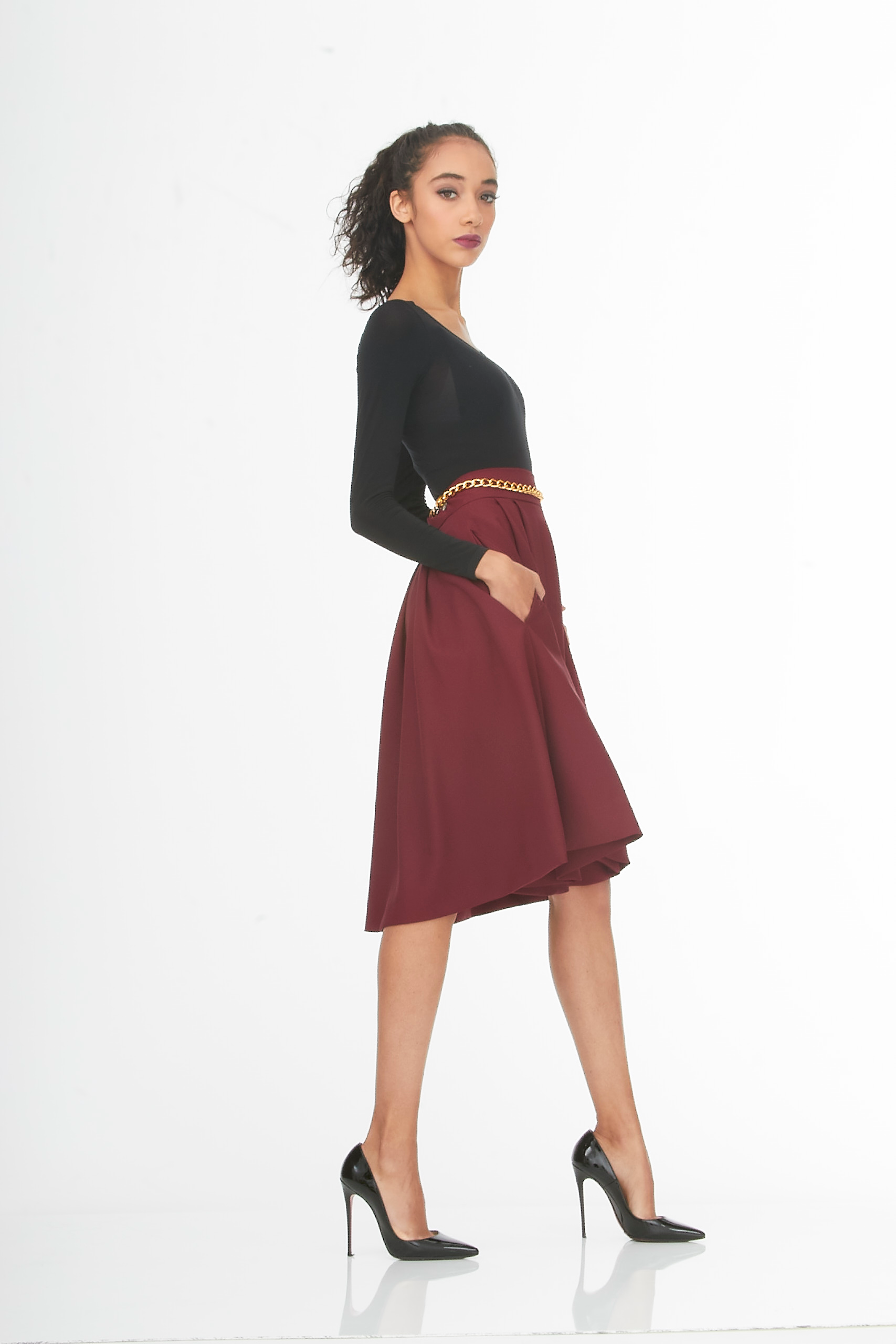 Main Couture burgundy below the knee pleated skirt