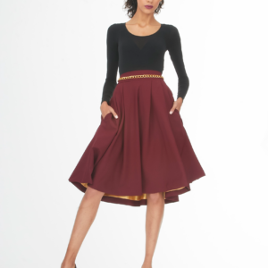 burgundy below the knee pleated skirt