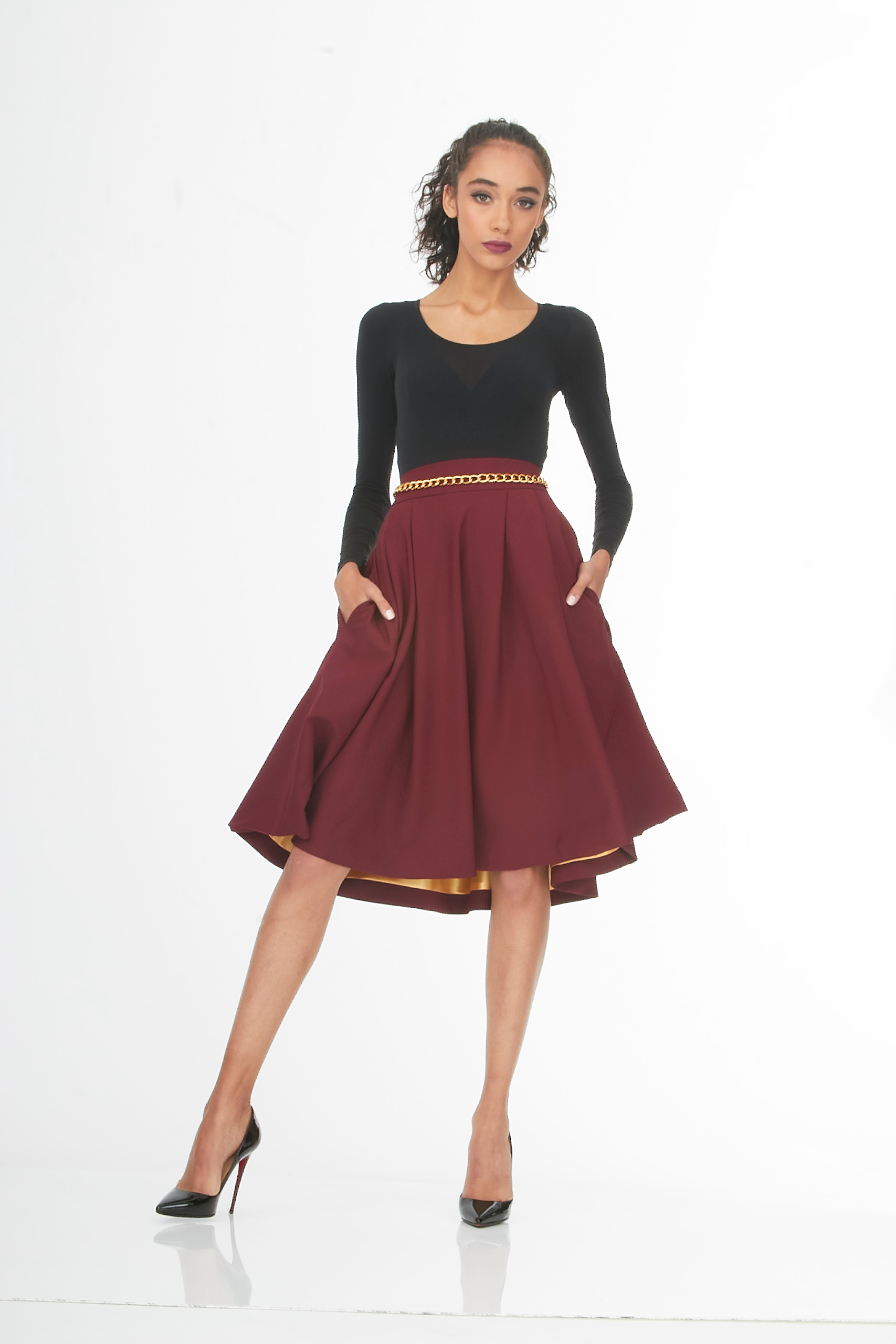 Main Couture burgundy below the knee pleated skirt